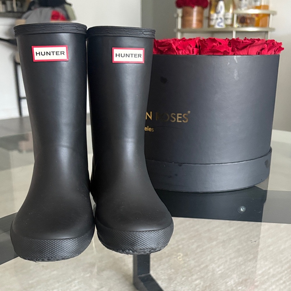Hunter Matte Black Kids Rain Boots with Red Logo Trim